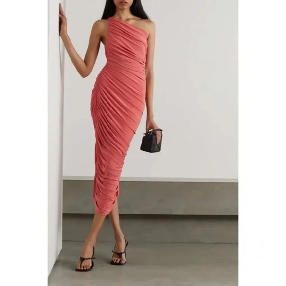 Norma Kamali Diana One Shoulder Ruched Stretch Jersey Gown Papaya - Picture 1 of 8